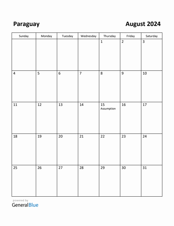 August 2024 Calendar with Paraguay Holidays