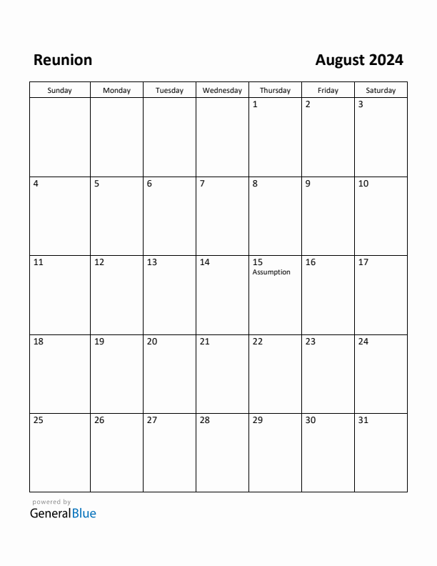 August 2024 Calendar with Reunion Holidays