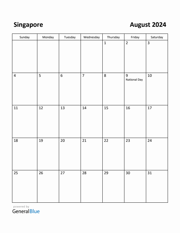 August 2024 Calendar with Singapore Holidays