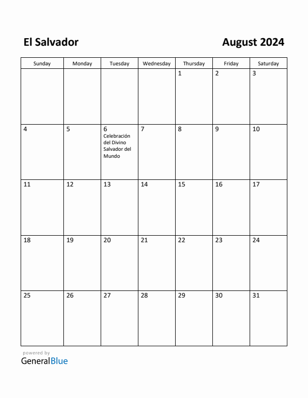 August 2024 Calendar with El Salvador Holidays