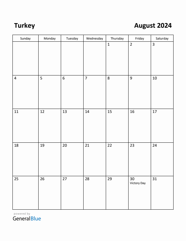 August 2024 Calendar with Turkey Holidays