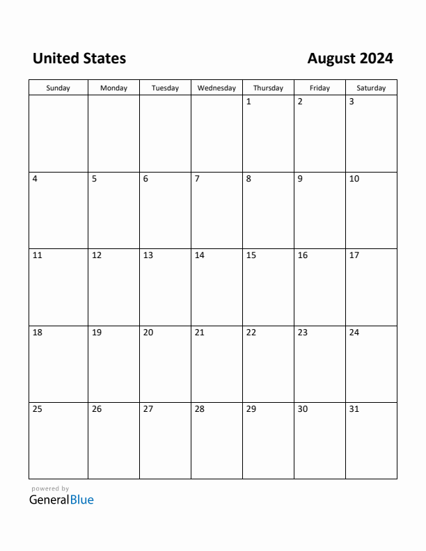 August 2024 Calendar with United States Holidays