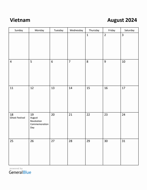 August 2024 Calendar with Vietnam Holidays