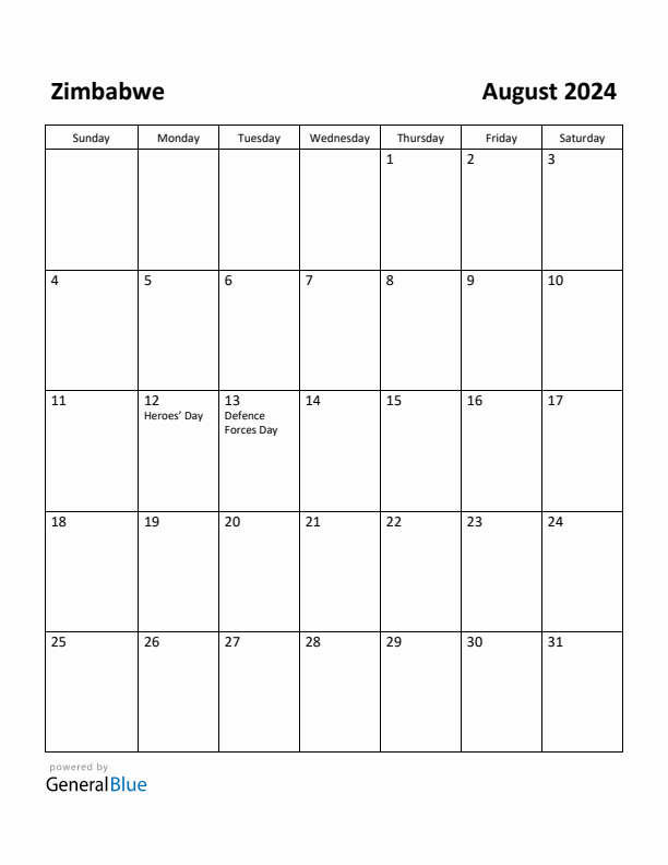 August 2024 Calendar with Zimbabwe Holidays