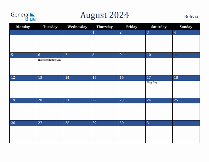 August 2024 Bolivia Calendar (Monday Start)