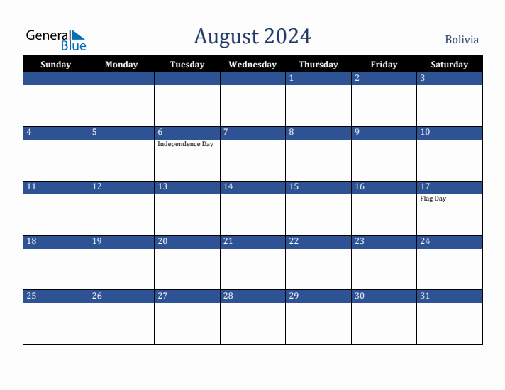 August 2024 Bolivia Calendar (Sunday Start)