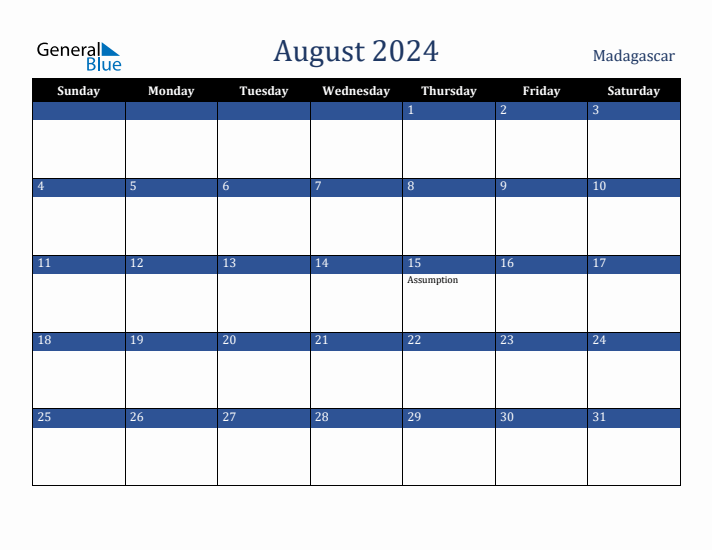 August 2024 Madagascar Calendar (Sunday Start)