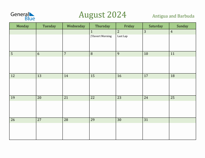 August 2024 Calendar with Antigua and Barbuda Holidays