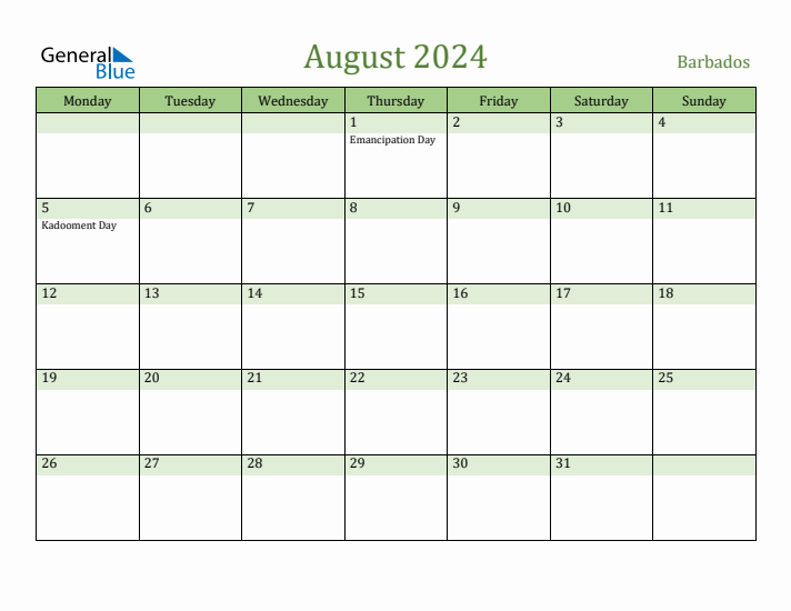 August 2024 Calendar with Barbados Holidays