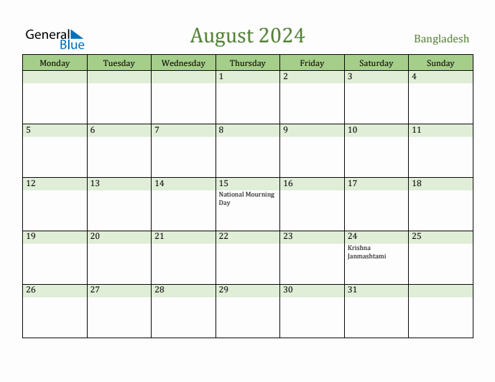 August 2024 Calendar with Bangladesh Holidays