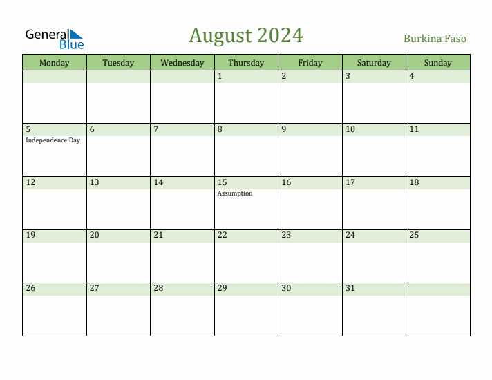 August 2024 Calendar with Burkina Faso Holidays