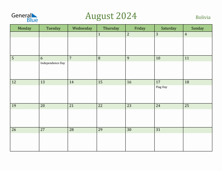 August 2024 Calendar with Bolivia Holidays