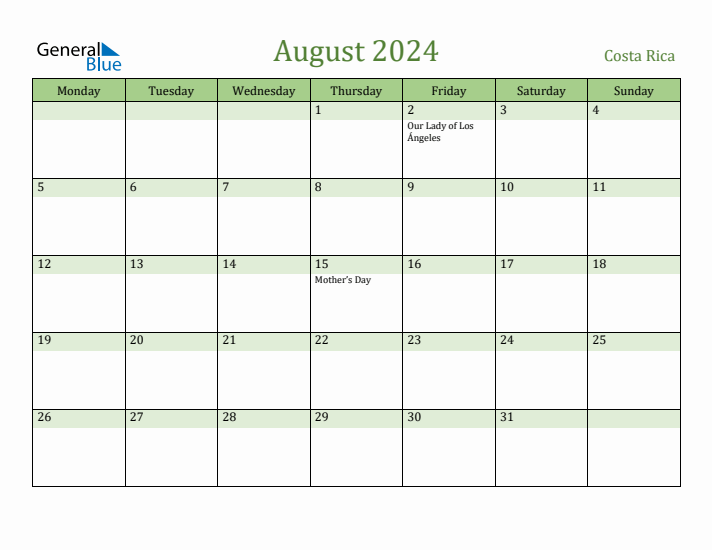 August 2024 Calendar with Costa Rica Holidays