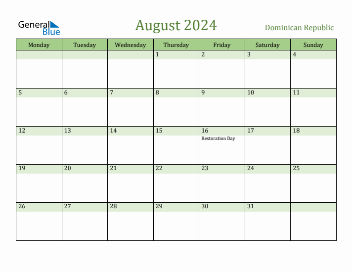 August 2024 Calendar with Dominican Republic Holidays