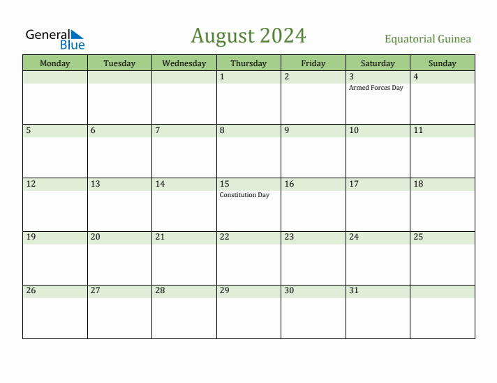 August 2024 Calendar with Equatorial Guinea Holidays