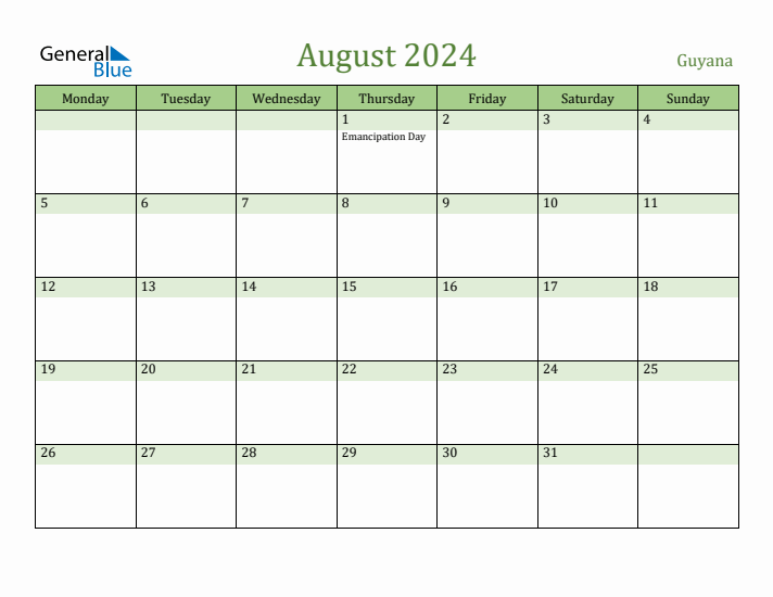 August 2024 Calendar with Guyana Holidays