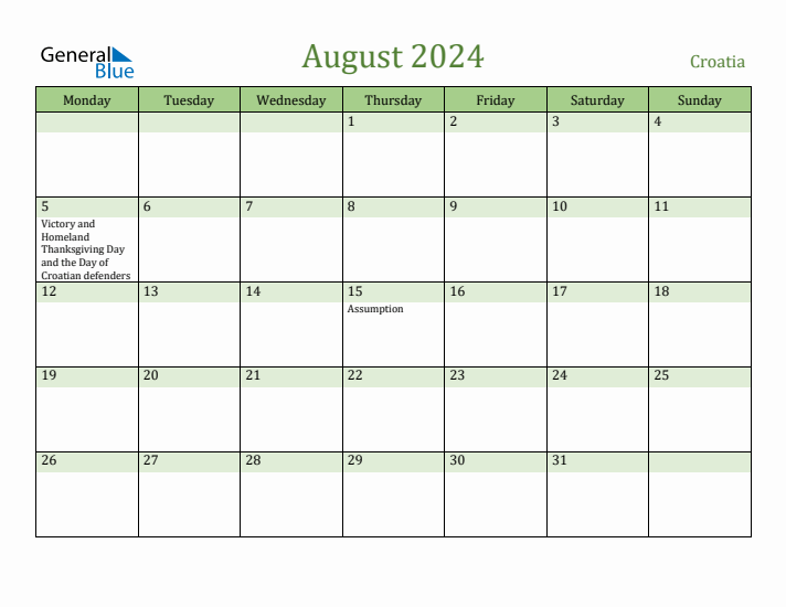 August 2024 Calendar with Croatia Holidays