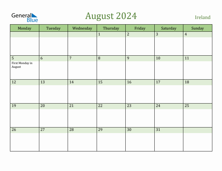 August 2024 Calendar with Ireland Holidays