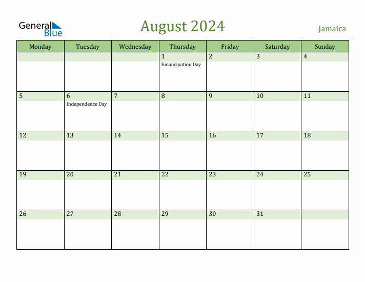 August 2024 Calendar with Jamaica Holidays