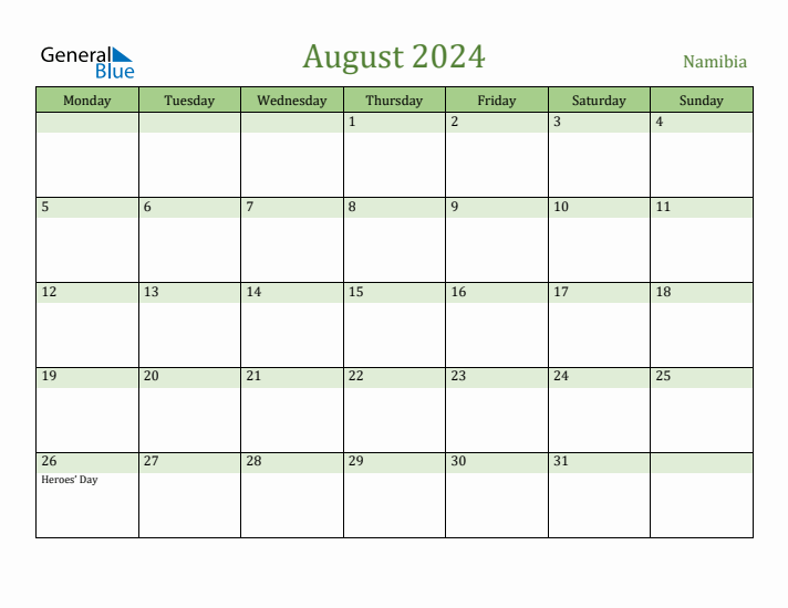 August 2024 Calendar with Namibia Holidays