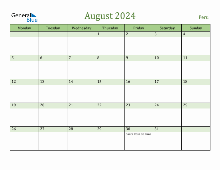 August 2024 Calendar with Peru Holidays