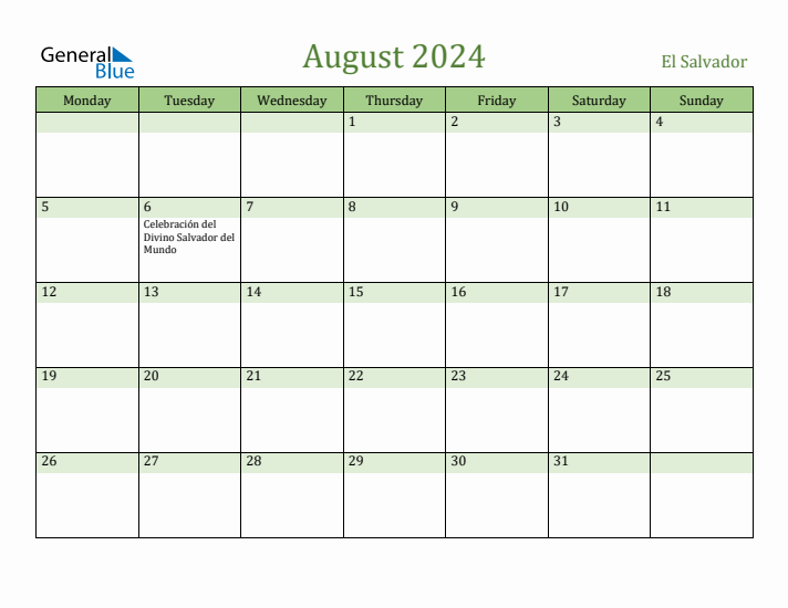 August 2024 Calendar with El Salvador Holidays