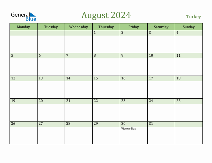 August 2024 Calendar with Turkey Holidays