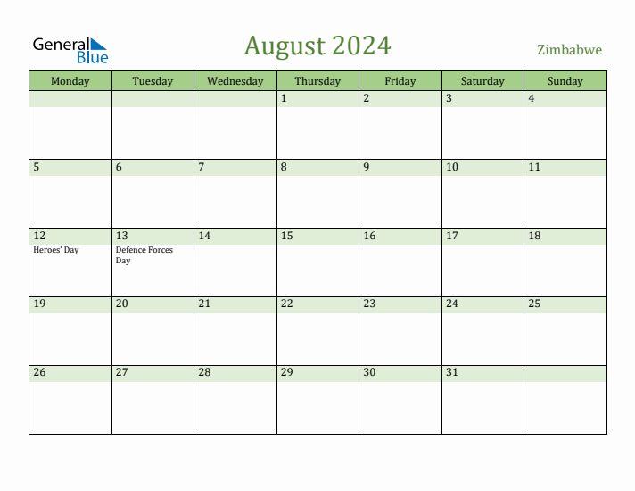 August 2024 Calendar with Zimbabwe Holidays