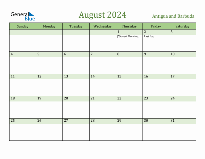 August 2024 Calendar with Antigua and Barbuda Holidays