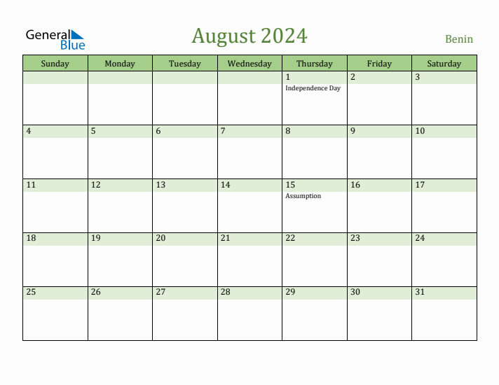 August 2024 Calendar with Benin Holidays