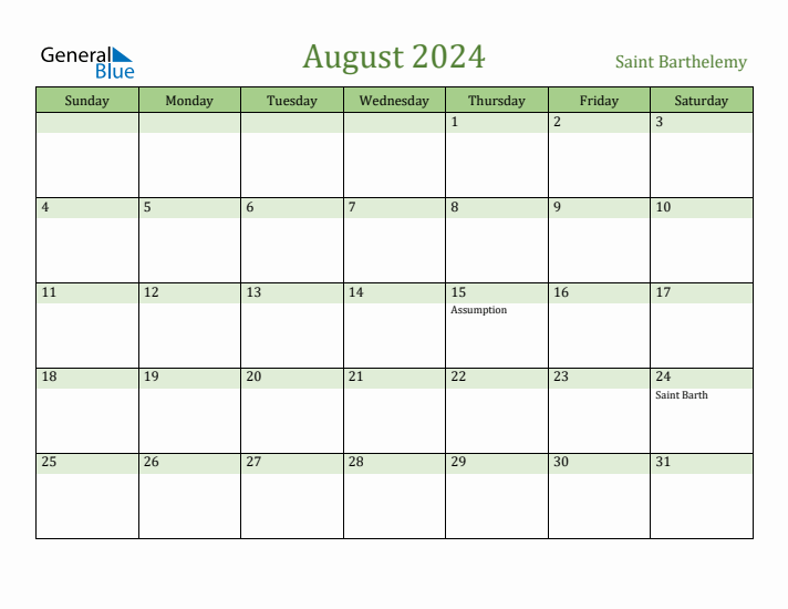 August 2024 Calendar with Saint Barthelemy Holidays