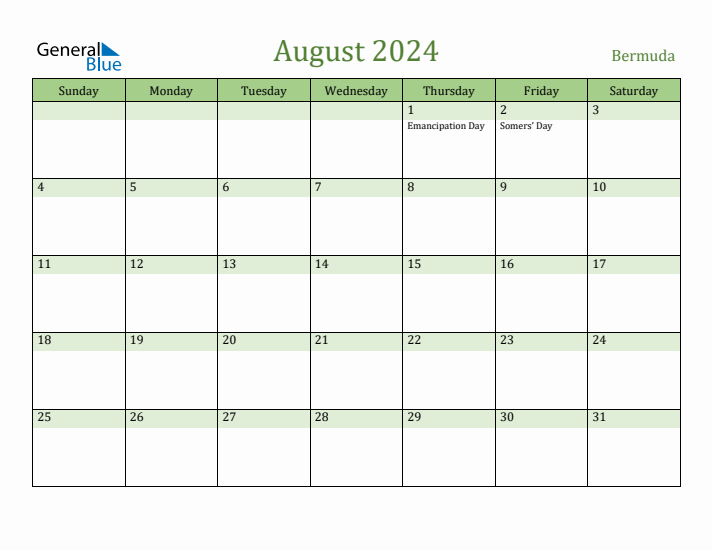 August 2024 Calendar with Bermuda Holidays