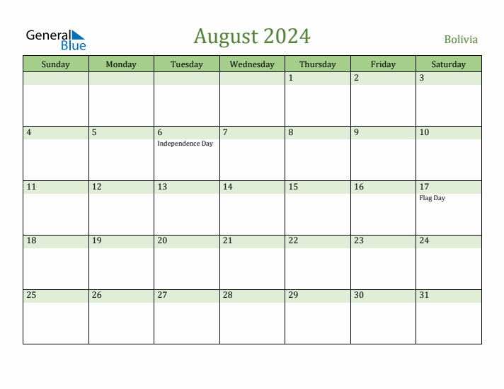 August 2024 Calendar with Bolivia Holidays