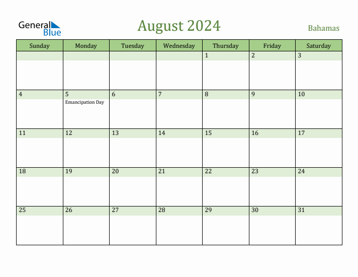 August 2024 Calendar with Bahamas Holidays