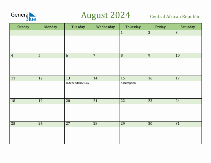 August 2024 Calendar with Central African Republic Holidays