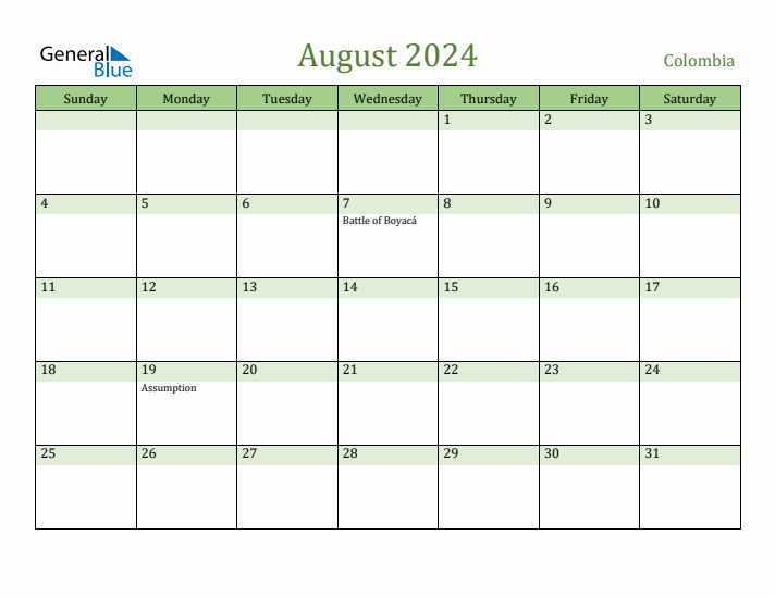 August 2024 Calendar with Colombia Holidays