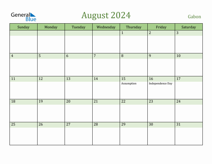 August 2024 Calendar with Gabon Holidays