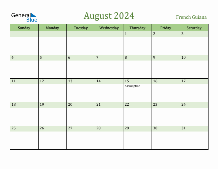 August 2024 Calendar with French Guiana Holidays