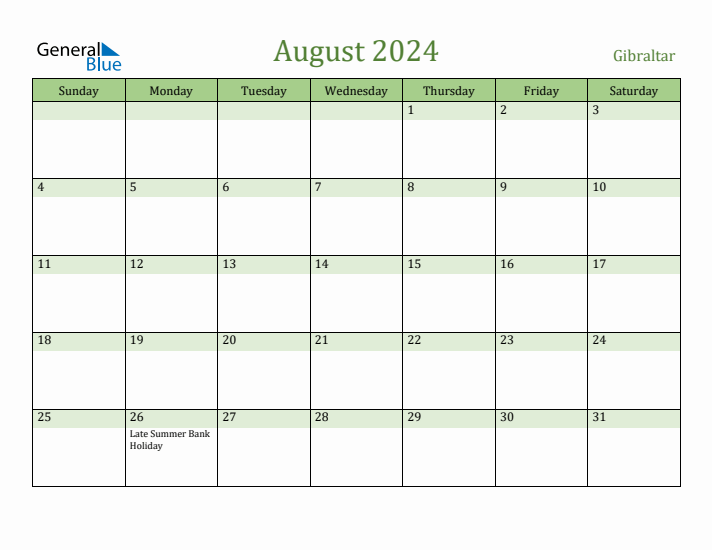 August 2024 Calendar with Gibraltar Holidays