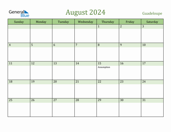 August 2024 Calendar with Guadeloupe Holidays