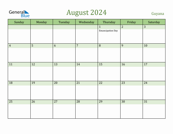 August 2024 Calendar with Guyana Holidays