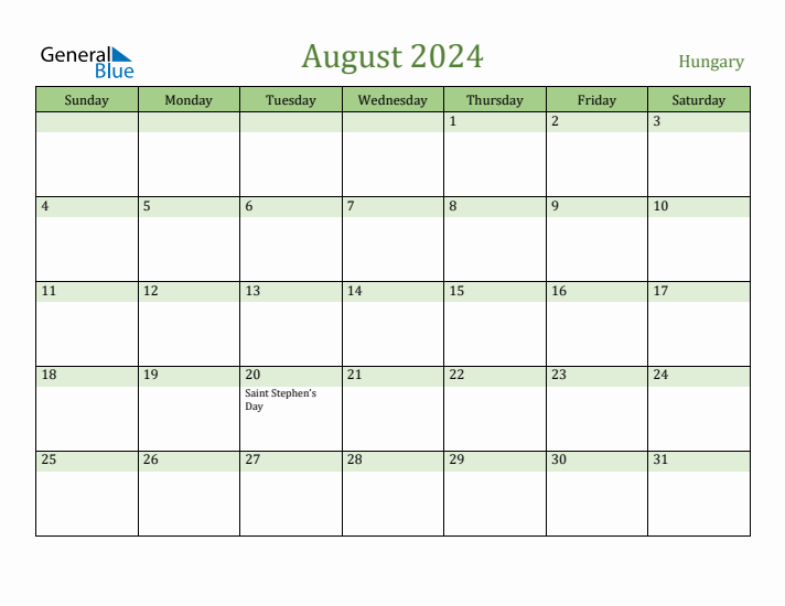 August 2024 Calendar with Hungary Holidays