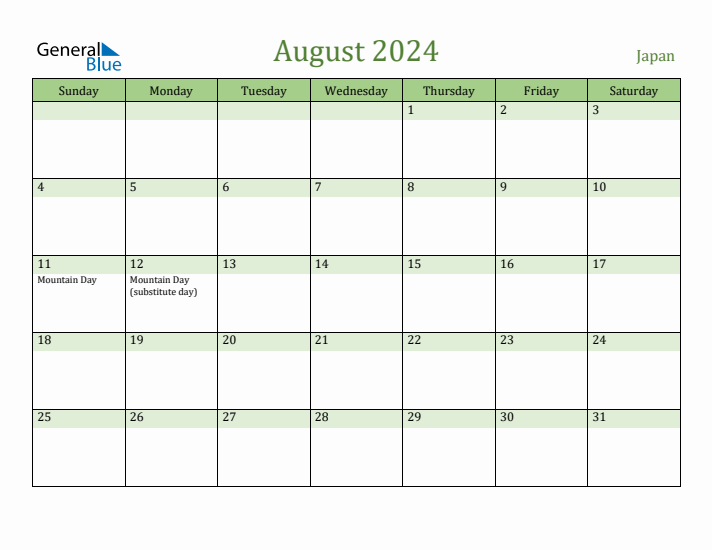 August 2024 Calendar with Japan Holidays