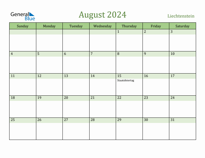 August 2024 Calendar with Liechtenstein Holidays