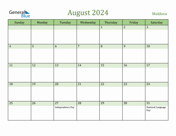 August 2024 Calendar with Moldova Holidays