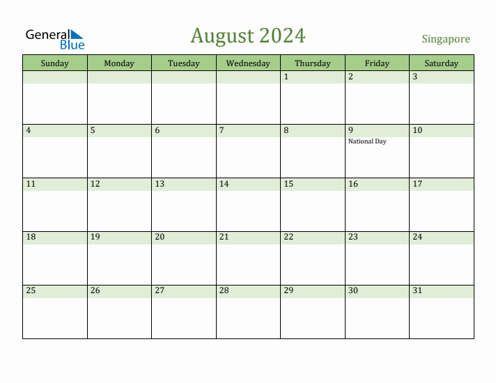 August 2024 Calendar with Singapore Holidays