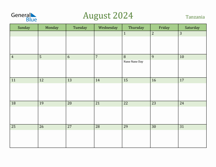 August 2024 Calendar with Tanzania Holidays