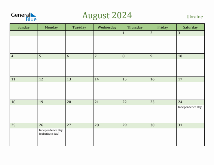 August 2024 Calendar with Ukraine Holidays