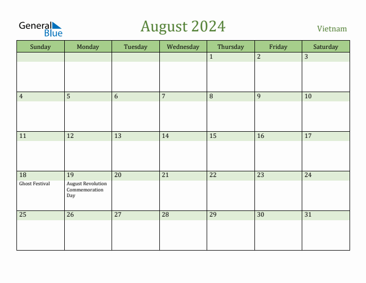 August 2024 Calendar with Vietnam Holidays