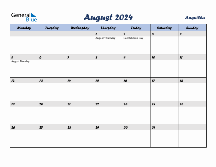 August 2024 Calendar with Holidays in Anguilla